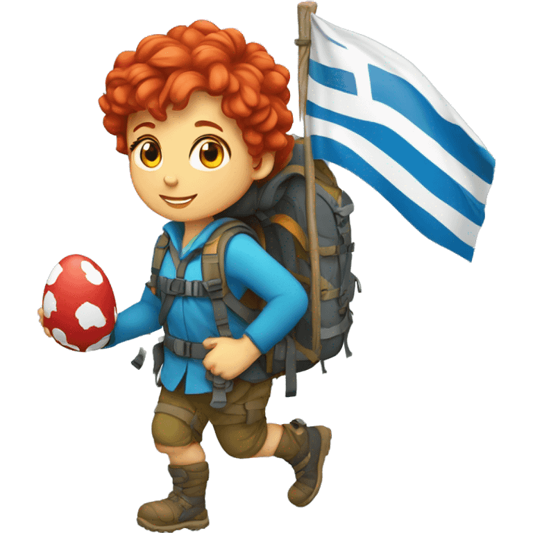 Female mountain climber red hair climbing with Greek flag on backpack and holding Easter eggs basket emoji