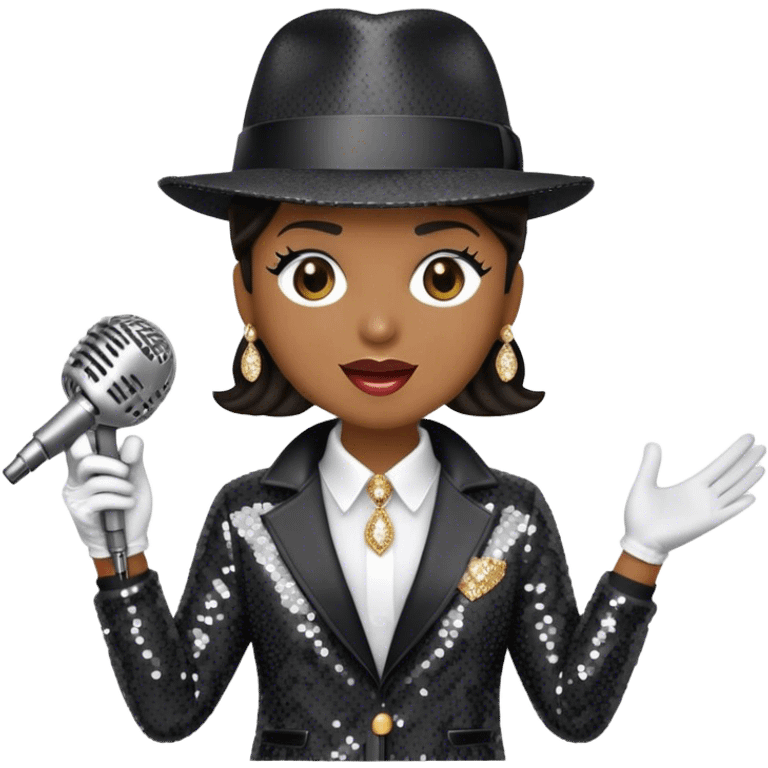 Create a dynamic emoji representing pop vocal performance with a vintage microphone as the centerpiece, surrounded by iconic elements of Michael Jackson's stage attire. Include the signature black sequined jacket, white gloves with rhinestones, and a fedora hat placed next to the mic, evoking the style and energy of classic pop performances. Add subtle sparkles or light effects around the microphone and the clothing to reflect the glamorous, energetic atmosphere of a pop concert. Use bold colors like black, silver, and gold to convey the showmanship and sophistication of pop music. The background should be transparent. emoji