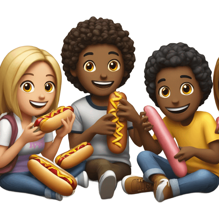 friends playing video games while eating hot dogs and giggling emoji