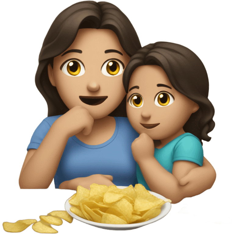 Brunette girl holding baby eating chips  emoji