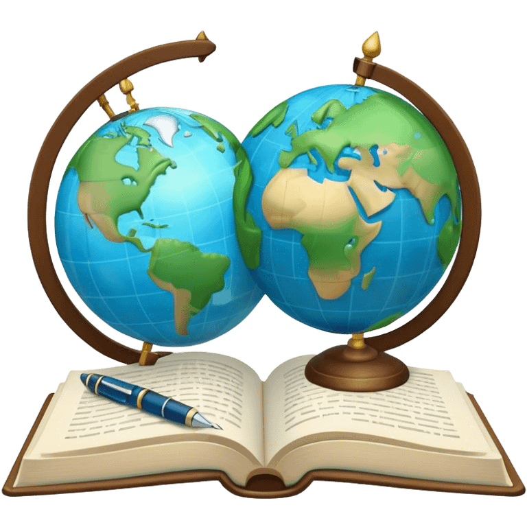 Create an emoji representing language translation. The design should feature just one globe in the background, symbolizing international communication. In front of the globe, place two opened books with texts on them and a pen nearby to indicate the act of writing. Use a clean and professional color palette with blues, greens, and neutral tones. Make the background transparent. emoji