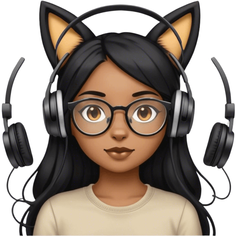 light brown skin girl with long black hair in a middle part and glasses wearing headphones with cat ears emoji