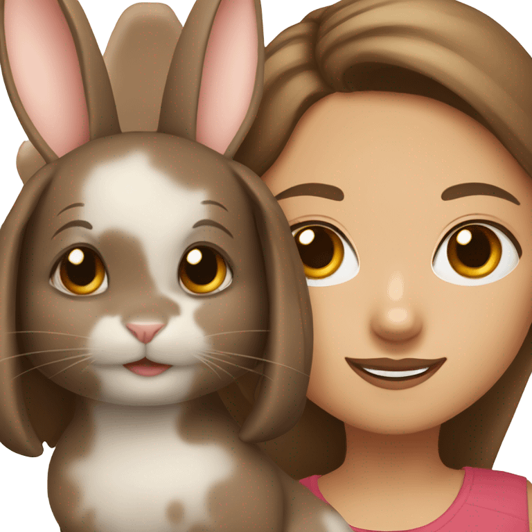 Brunette girl and brown light rabbit  With black spot and snout emoji