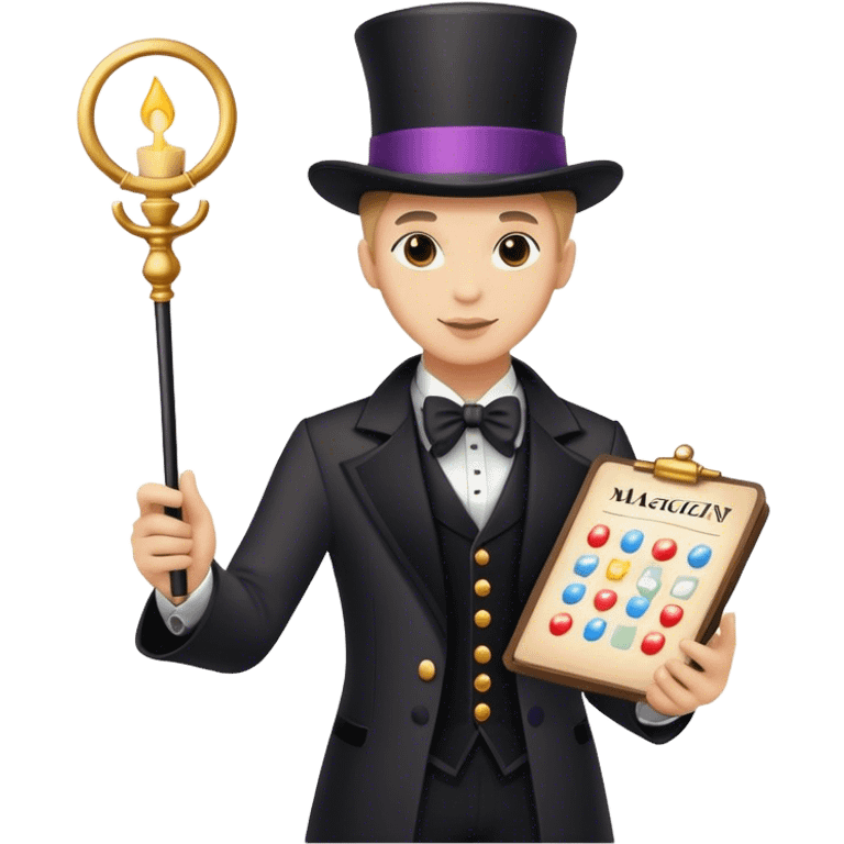 a magician holding a chart into one hand and a magic wand in the other hand emoji