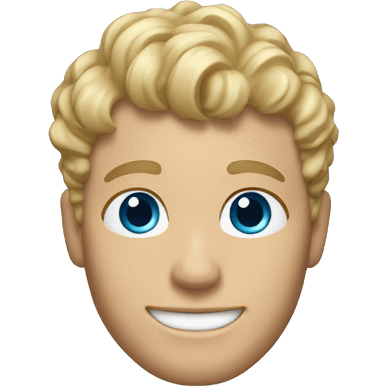 memoji of a blonde man with curly, messy bangs and short hair on the sides, smiling and without glasses, with blue eyes, without a mustache. emoji