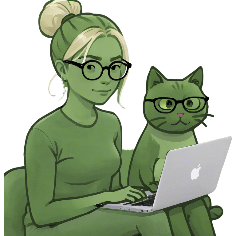 Blonde woman ponytail  with cat and MacBook  emoji