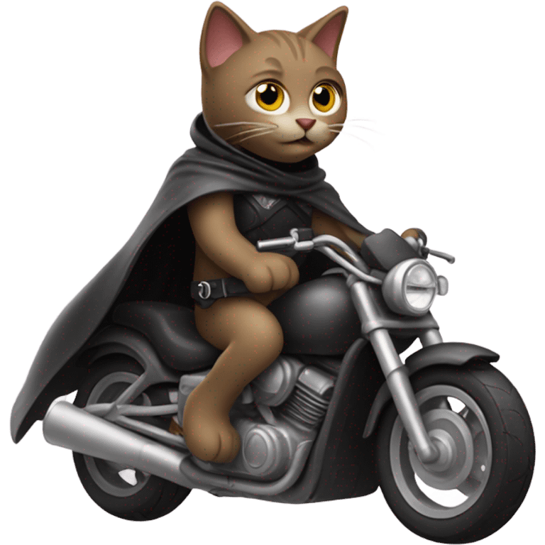 Cat riding a motorcycle wearing a cape emoji