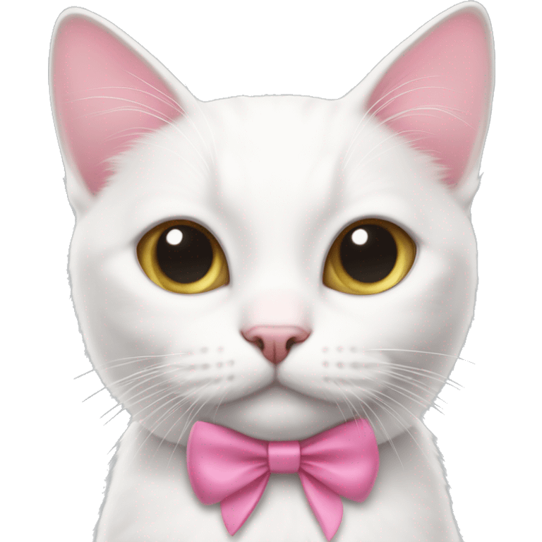 White cat with black whiskers and a pink bow on one ear emoji