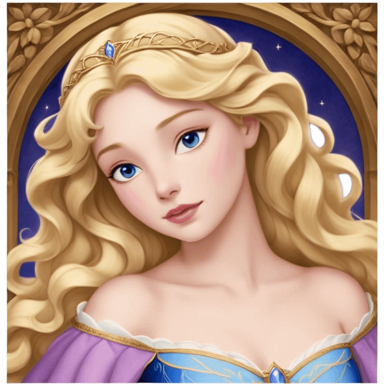 Cinematic Realistic Sleeping Beauty (Aurora) Portrait, with porcelain-like skin featuring a natural rosy flush, illuminated by soft lighting that highlights the gentle contours of her face. Her golden blonde hair flows in soft, detailed waves with subtle highlights that shimmer in the light. Her deep violet-blue eyes radiate warmth and innocence, framed by arched brows and long lashes. With a soft, serene smile, she holds a delicate rose gently in one hand, her other hand resting lightly by her side. She is dressed in her classic pink gown, the fabric rich in texture with delicate folds that catch the light. A golden crown rests atop her head, gleaming with royal refinement. The portrait captures a soft, glowing aura, blending realism with an ethereal sense of beauty and timeless enchantment. emoji