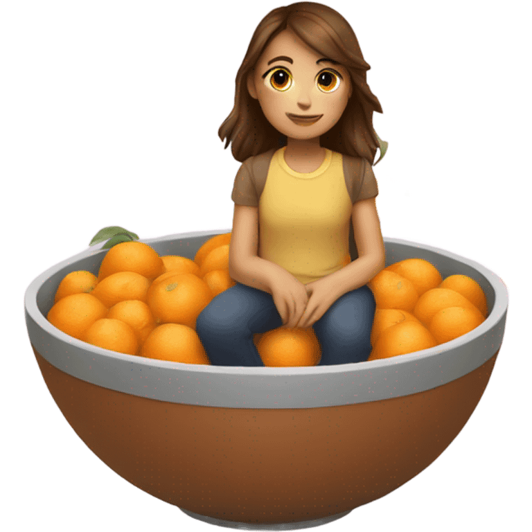 Girl with brown hair sitting in a bowl of oranges  emoji