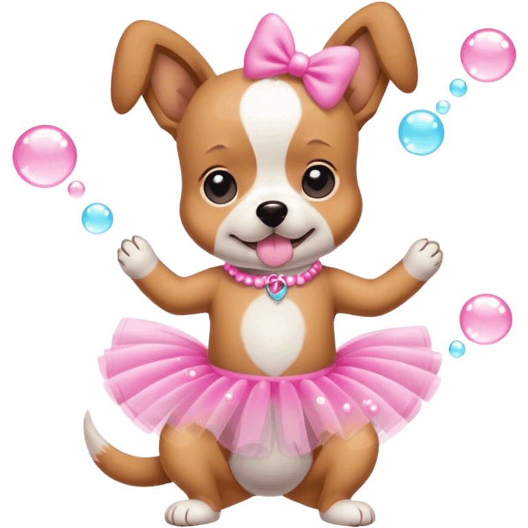 a dog wearing a pink tutu and bubbles emoji