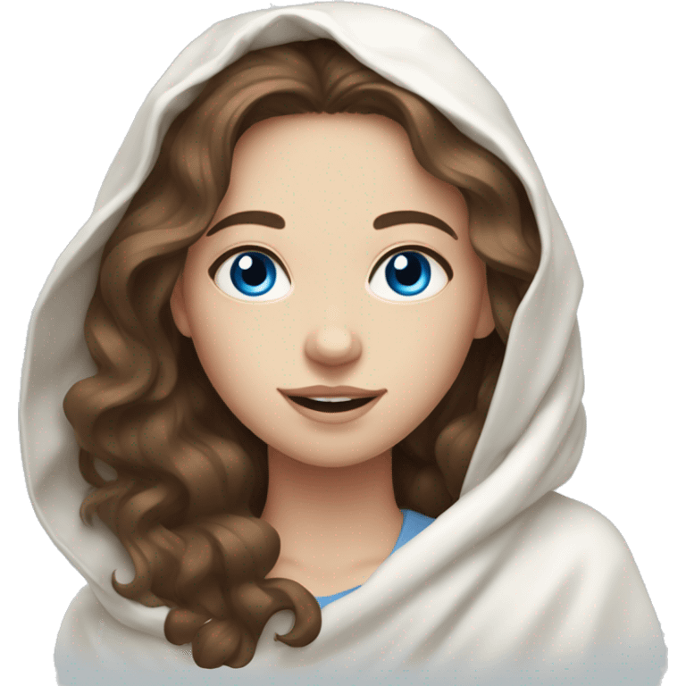 a pale girl with wavy brown hair and blue eyes in a white blanket emoji