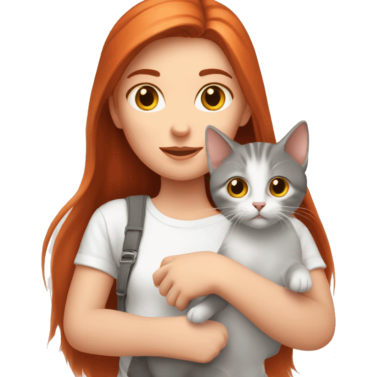 A red-haired girl in a white T-shirt is holding a gray kitten in her hands emoji