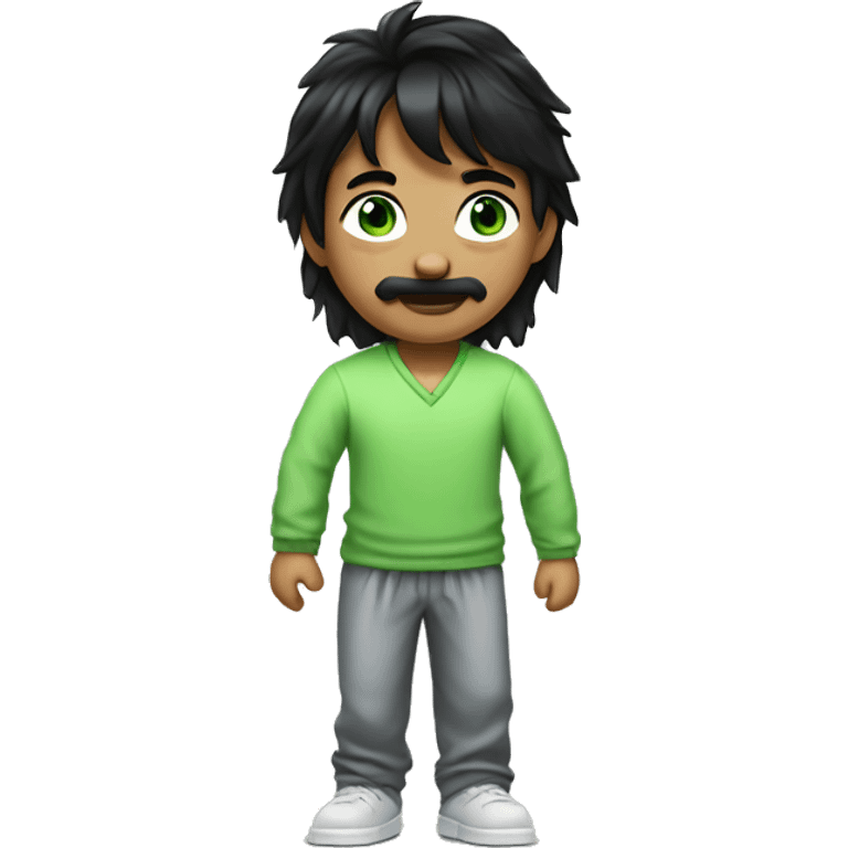 boy with black hair styled in a modern mullet, a mustache that is not curled at the ends, and green eyes, with a mischievous smile. He is wearing pajamas and farting. emoji