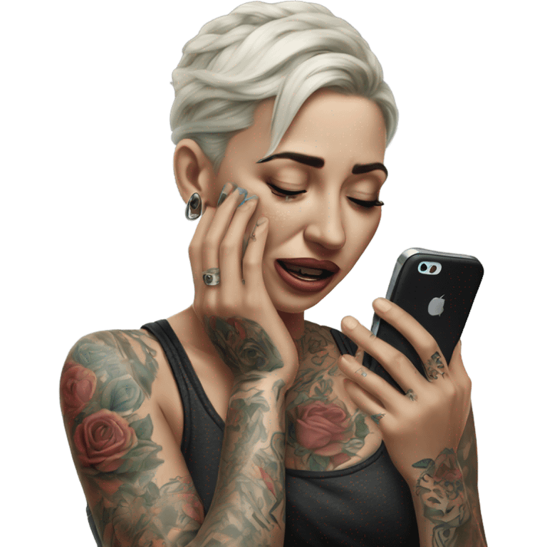 Hyper Realistic Beautiful tattooed woman crying holding a phone  emoji