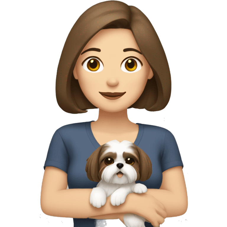 Brunette woman with chin length hair hugging two shih-tzu dogs emoji