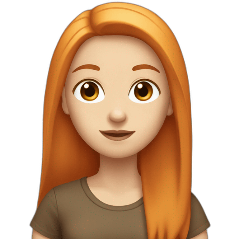 white girl with long orange straight hair with brown eyes in a brown t-shirt emoji