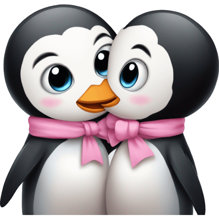 girl penguin with pink bow on head and boy penguin hug and kiss emoji