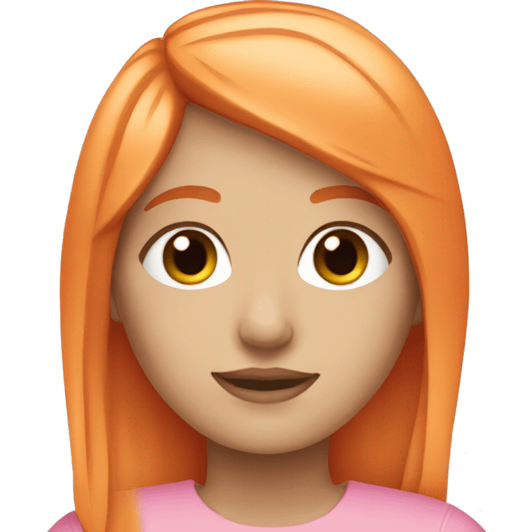 white girl with orange long hair and orange bangs wearing pink emoji