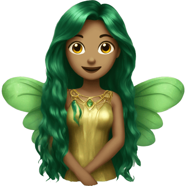 Beautiful, fairy, gold, dark green, green, long hair, big wings emoji