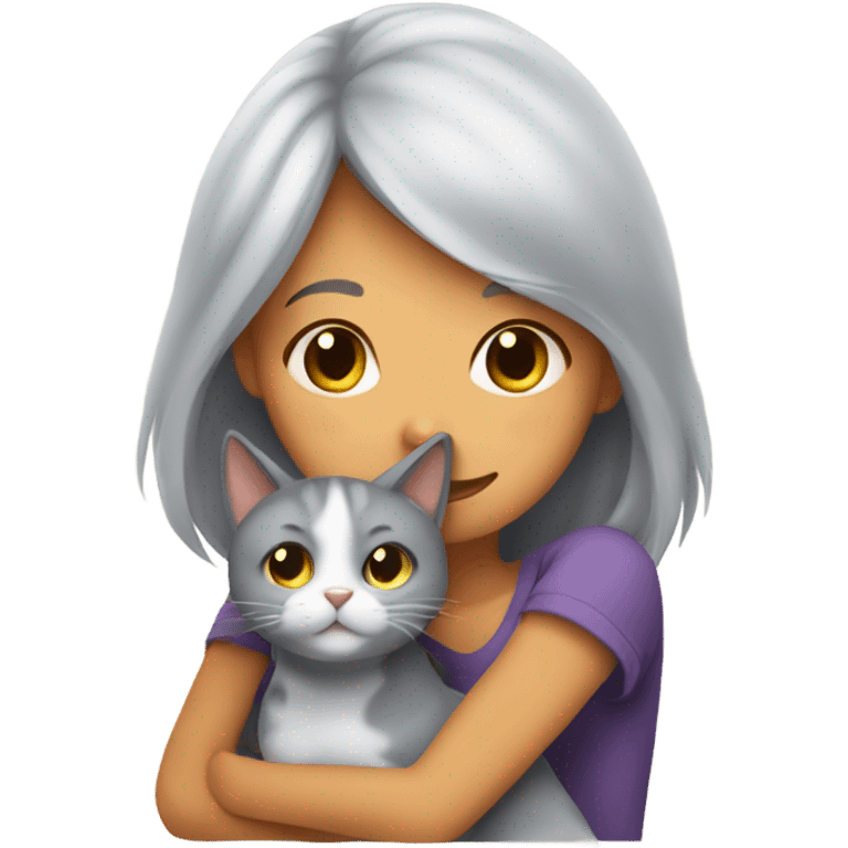 A girl with gray hair hugs a canine cat emoji