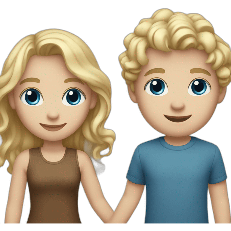 Girl with blonde wavy hair and blue eyes holding hands with blonde boy with white skin and brown eyes emoji