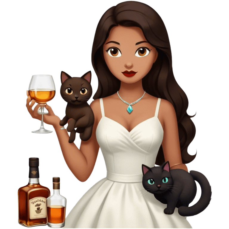 Beautiful woman in 1950’s woman fashion look, white dress, long dark brown hair, whisky with ice, black cat emoji