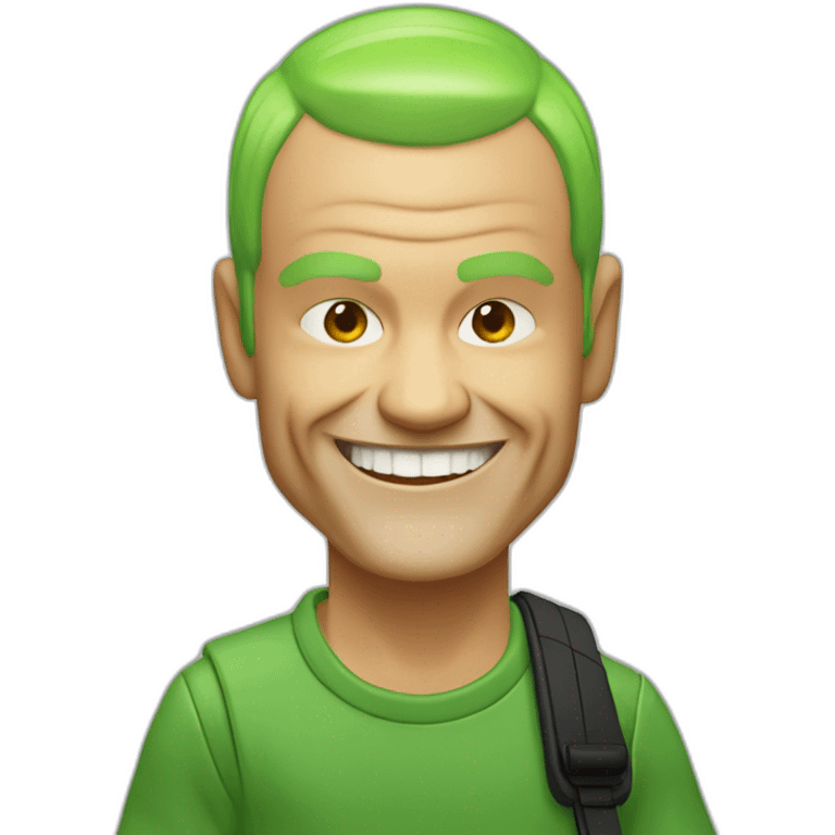 Michael “Flea” Balzary faceshot, with neon green short hair, smiling, showing gap in front teeth,he is the bass player for Red Hot Chili Peppers emoji