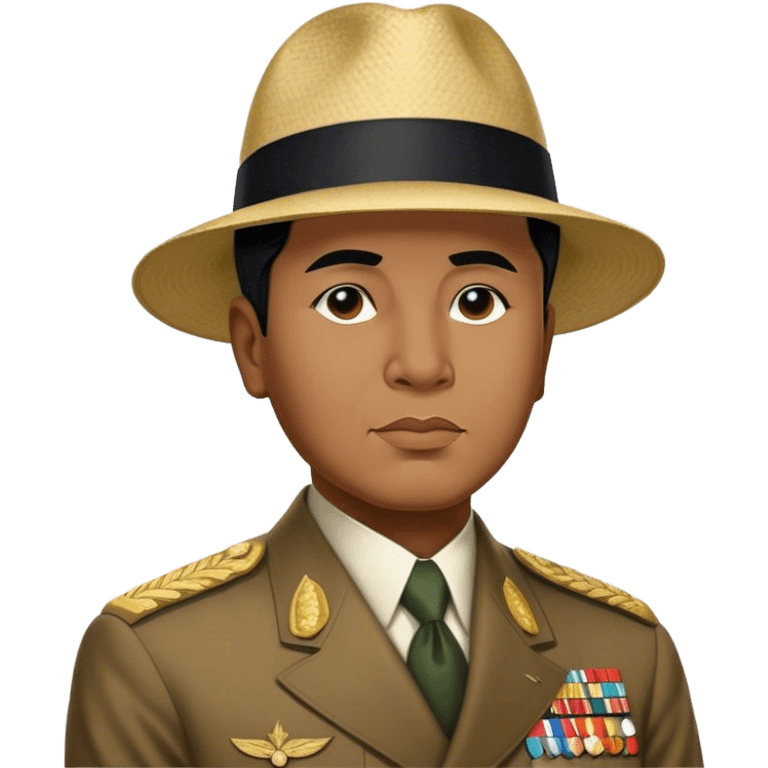 ​Cinematic Realistic Portrait of Sukarno, depicted in a lifelike, realistic style based on his iconic portrait, showcasing his thoughtful, charismatic expression in period attire, rendered with detailed textures and warm, evocative lighting that captures his pioneering spirit and national pride, emoji