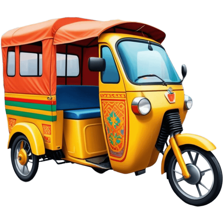 Cinematic Realistic image of a colorful auto rickshaw, rendered with detailed textures and lively, bold hues, set on a bustling urban street with dynamic, vibrant lighting that emphasizes its iconic role emoji