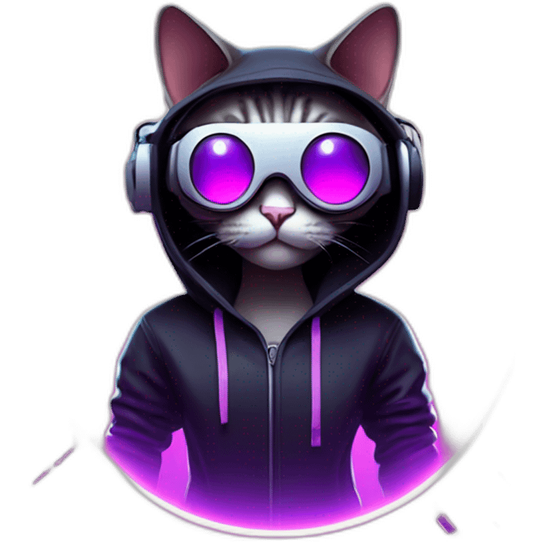 funny cat wearing a black hoodie with "OMG" letters on it and VR headset in a cyberpunk VR environment with violet neon lighting. emoji