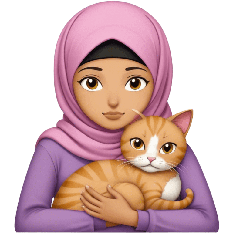 a grumpy teenage hijabi hugging a cat emoji