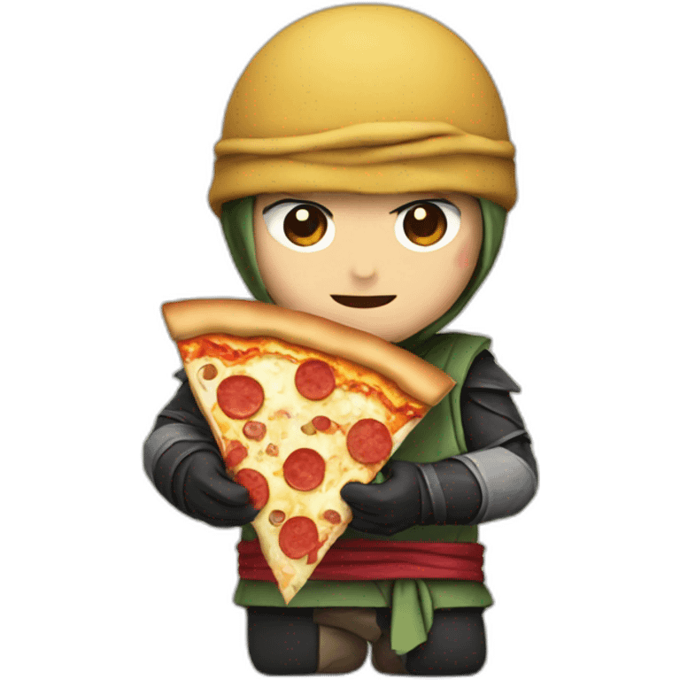 pixelated ninja eating a pizza emoji