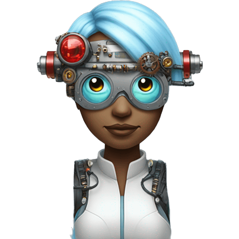 Light blue long hair female cyborg head with red steampunk goggles and circuits emoji