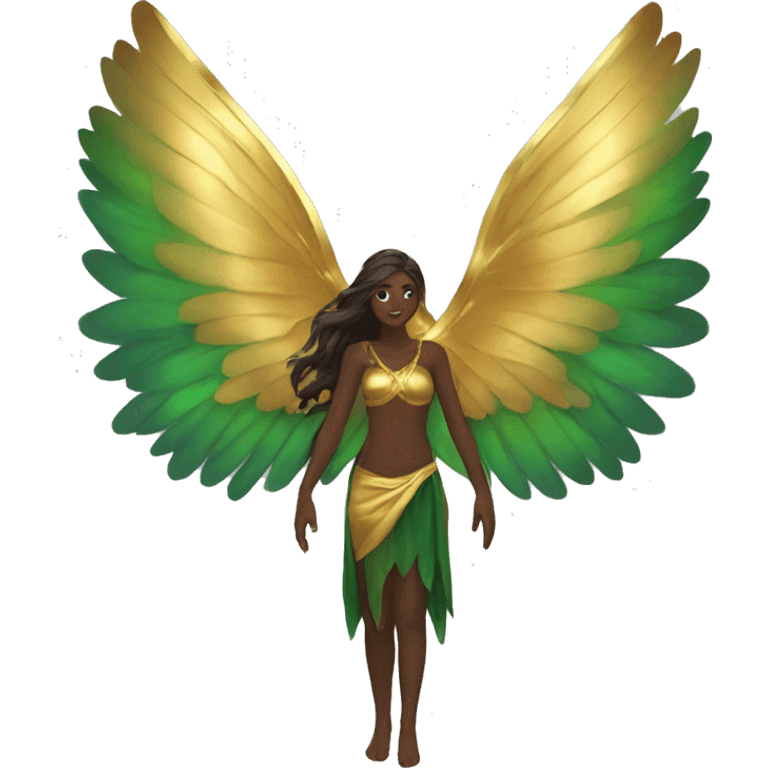 big wings, Beautiful, fairy, gold, brown, dark green, green, long hair emoji