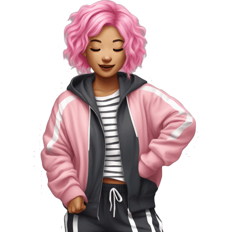 dancing-pink-haired-Asian-girl-oversize-tracksuit- and striped shirt emoji