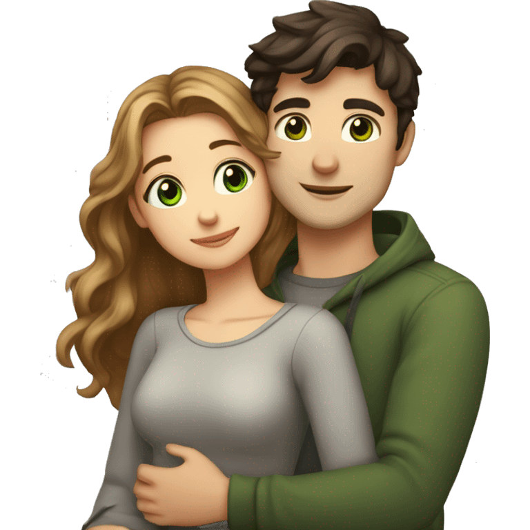 a girl with slightly wavy hair, green eyes and a height of 158 cm, and a guy with short dark hair and brown eyes, a height of 182 cm, are hugging emoji