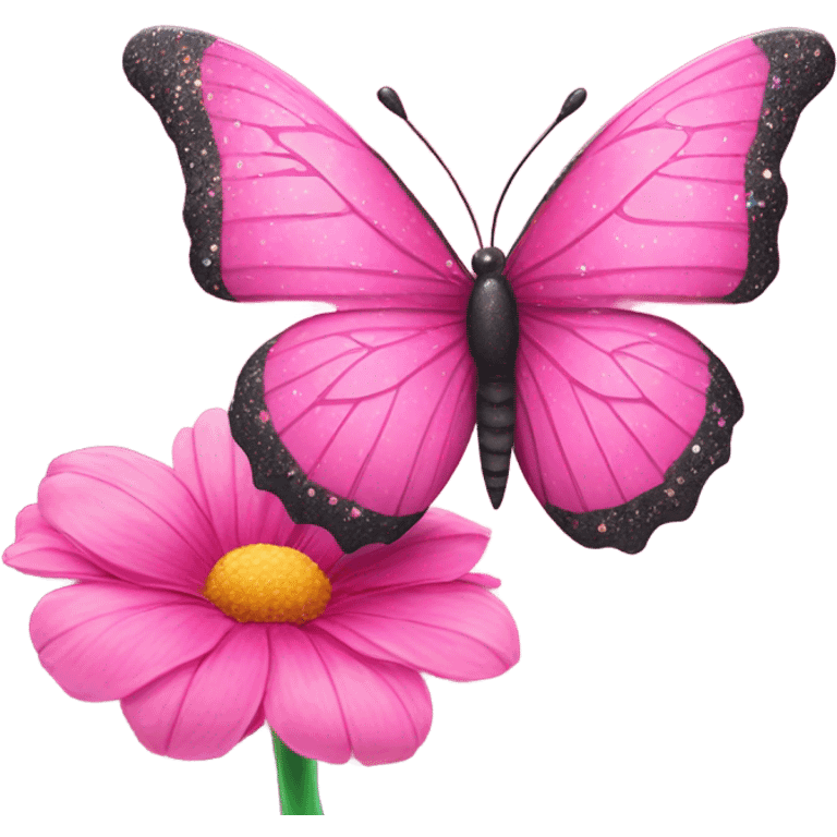 Large beautiful pink butterfly sitting on top of a spring time flower with glitter  emoji