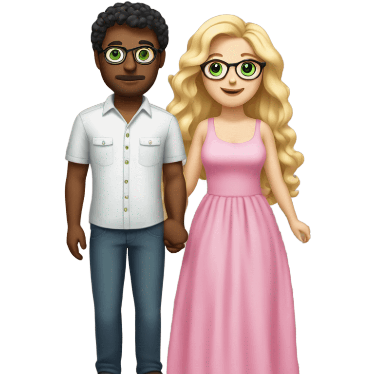 Curvy woman with long blonde hair and green eyes wearing a pink dress and holding hands with a brown man with short curly black hair and glasses emoji