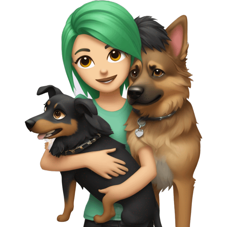 punk girl with green hair hugging a german shepard dog and an australian shepard dog emoji