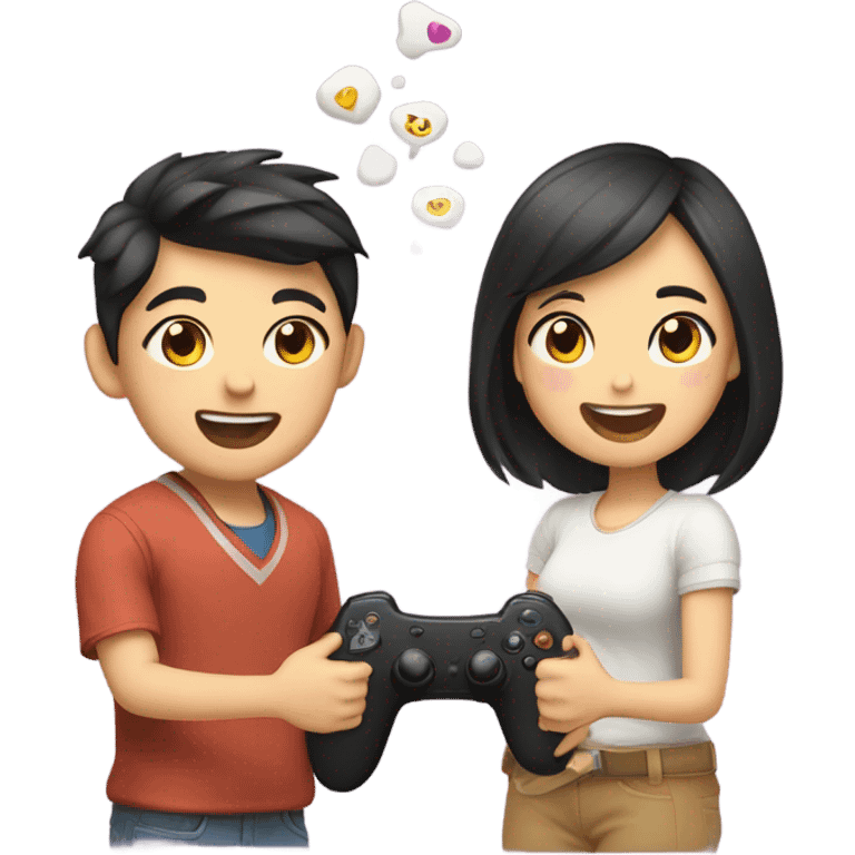 Cute asian couple excitedly playing video games emoji