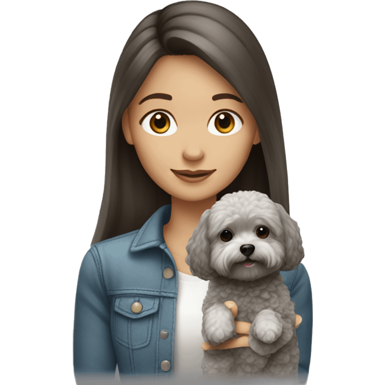 Brunette girl long straight hair, holding a gray maltipoo with a white snout emoji