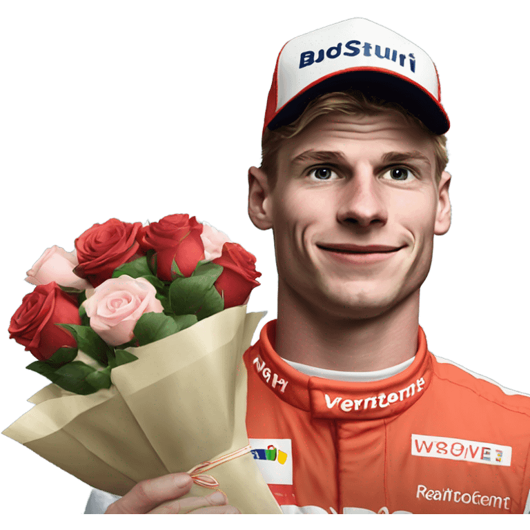 realistic photo of max verstappen holding roses and chocolates emoji