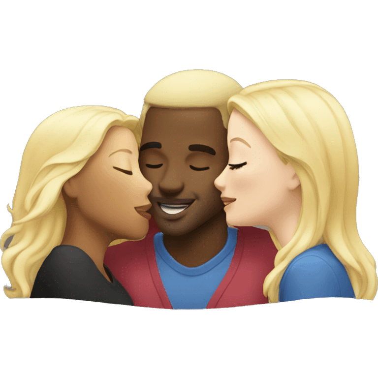 Two blondes kiss black man on the cheek emoji