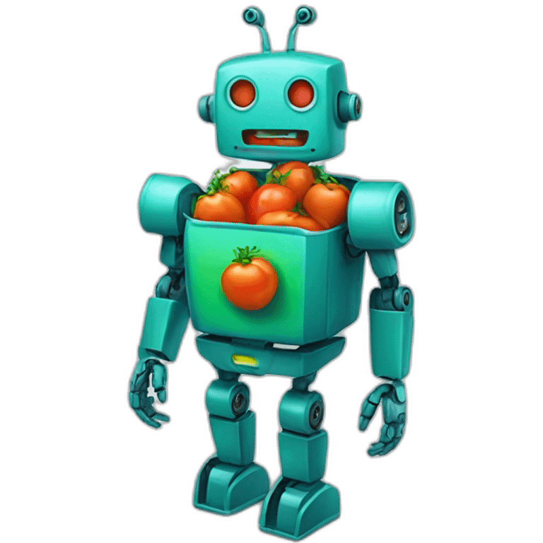 A blue-green robot that eats carrots and tomatoes emoji