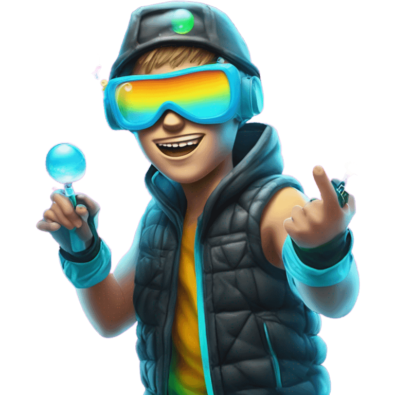 Caucasian boy in glowing rave outfit with mask, sunglasses, and headgear, shooting bubbles out of a water gun emoji