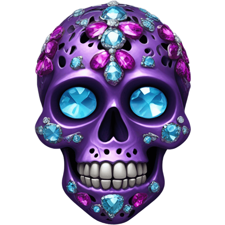 Realistic isolated metallic dark purple,magenta,light blue,and hot pink filigree super skull decorated with shiny diamonds and rhinestones.  emoji