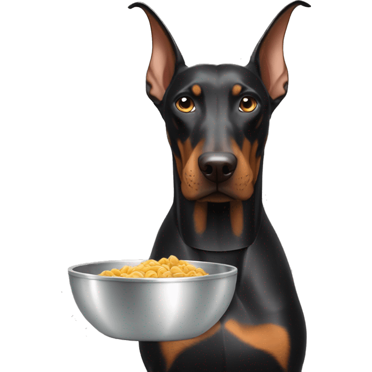 Doberman with pointed ears holding a silver dog bowl in its mouth emoji