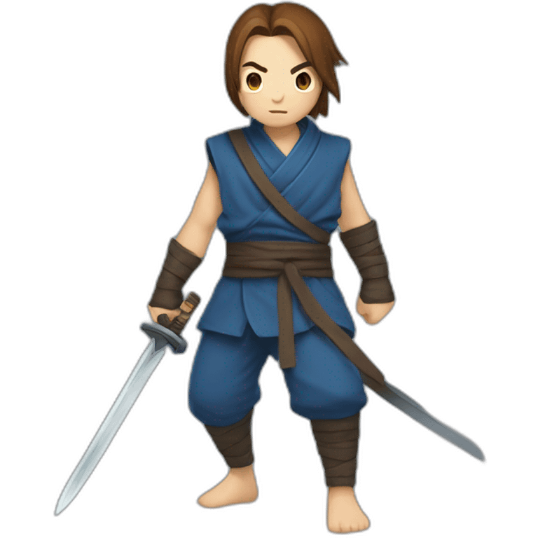 ninja,barefoot,blue-sleeveless-outfit,brown-hair,running,2d-platformer,slashing-sword emoji