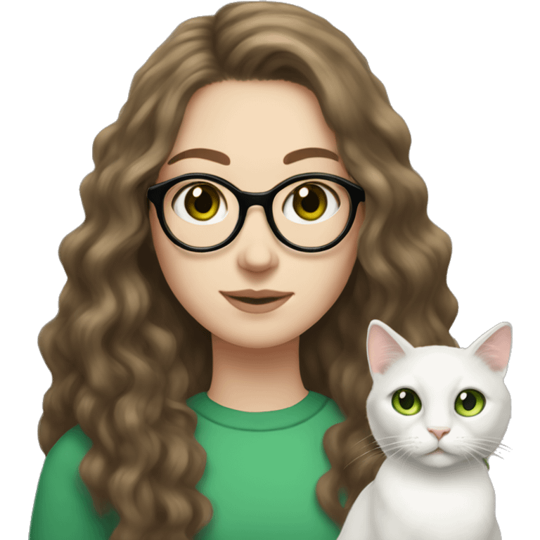 long haired brunette white girl with freckles and round glasses holding a white cat with green eyes emoji